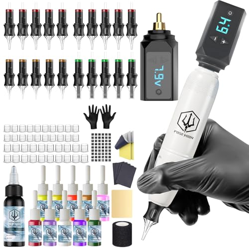 POSEIDON Cordless Rotary Tattoo Machine Kit with 20 Tattoo Cartridge Needles, Ink Set & 2 Rechargeable Batteries | Professional Portable Tattoo Pen Gun Set for Beginners | Complete Starter Supplies