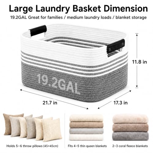 Image of 19.2GAL Sturdy Large Laundry Basket with Handles for Bathroom, Dorm Dirty Clothes, Portable Aesthetic Boho Cute Woven Storage Blanket Baskets for Living Room Decor Girls Boys Pets Toys Mix Black