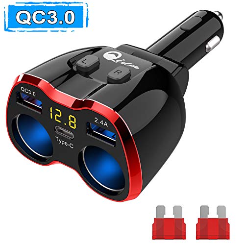 2-Socket Cigarette Lighter Quick Charge 3.0, 80W 12V/24V DC Car Splitter Quick Charge 3.0 & USB C Car Charger with LED Voltmeter for GPS, Dash Cam, Sat Nav, Phone, iPad, Tablet 2-Socket Cigarette Lighter Quick Charge 3.0, 80W 12V/24V DC Car Splitter Quick Charge 3.0 & USB C Car Charger with LED Voltmeter for GPS, Dash Cam, Sat Nav, Phone, iPad, Tablet