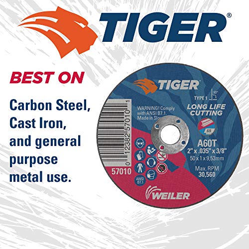 Image of Weiler 57010 2-Inch Cutting Wheel, Tiger AO Steel /Metal Long Life, Performance Cutting, 0.035 inch A60T Type 1 3 /8 inch Arbor (Pack of 100)