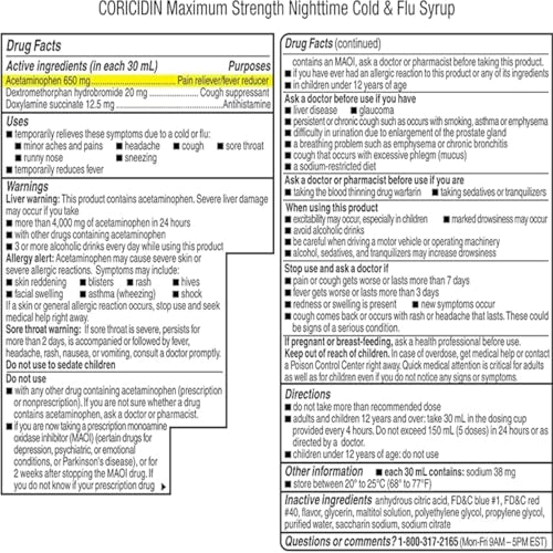 Coricidin HBP Nighttime Multi-Symptom Cold Liquid Cherry, 12 Fl Oz (Pack of 3)