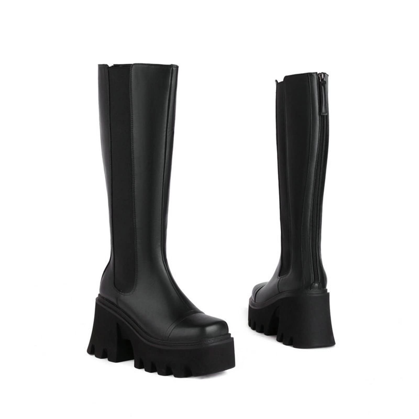 Damen Shorts Leder Stiefeletten Heels Epais Motorradstiefel Schwarz Runde Spitze Über Knee Hohe Winterstiefel
