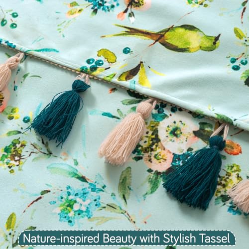 Image of HOKIPO Sofa Cover Mat with Tassel for 1 /2 /3 Seater & L Shape Sofa | DIY Sofa Cover Set | Printed Holland Velvet | 'Whispers of Nature' | 70(W) x 180(L) cm | Mint Birdsong Blossom (IN-1122-D3)
