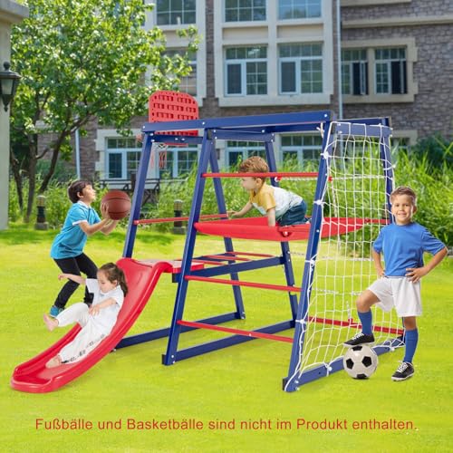 DREAMADE Metall Klettergerüst Outdoor, 150x142x146cm Spielturm Garten, Outdoor Kinder Kletterturm mit Rutsche & Kletternetz & Krabbelleiter & Strickleiter & Basketballkorb für Kinder ab 3 Jahren