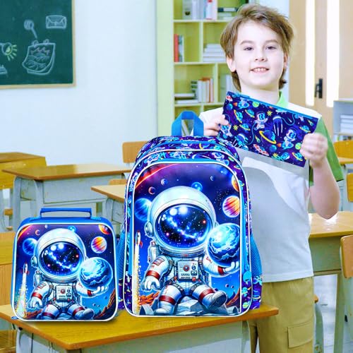 Image of HPJGD 3PCS Space Bookbag for Boys, Water Resistant Kids Backpack Set with Lunch Box, Cool School Bag for Preschool Toddler - Astronaut Holding Earth