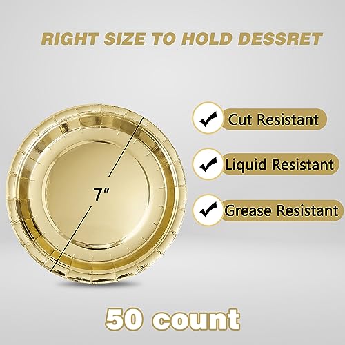 Image of Gold Disposable Paper Plates, 7 Inch Dessert Cake Plates, 50 Count Bulk