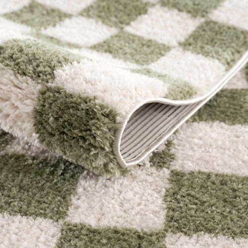 Image of Hauteloom Altair Modern Checkered High Pile Area Rug - Contemporary Geometric Carpet for Living Room, Bedroom - Machine Washable Area Rug - Off-White, Dark Green - 7'10 inch x 10'