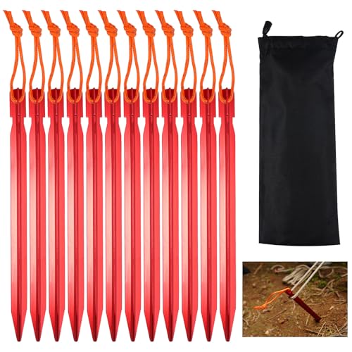 12 Pezzi Picchetti in lega di Alluminio con Coulisse,18cm Picchetti Per Tenda In Alluminio Ultraleggeri con borsa per la conservazione,Chiodo A Terra Campeggio Triangolare Regolabile Multi-Dente Rosso