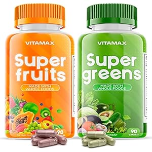 Vitamax Super Fruit and Vegetable Supplements â Whole Superfood Vitamins & Minerals â 90 Veggie and 90 Fruit Capsules for Women, Men, and Kids – Soy Free â Made in The USA