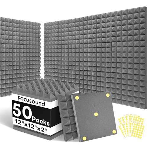 Focusound Grey Acoustic Panels 50 Pack 2"x12"x12" with 300 PCS Double-Side Adhesive - Sound Proof Pyramid Foam for Walls, Home Studio Noise Absorption & Echo Control Kit