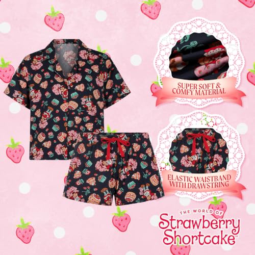 Image of COCO BRANDS Strawberry Shortcake Womens Pajama Set - 2 Piece Short Sleeve Button Down Sleep Shirt and Pajama Shorts