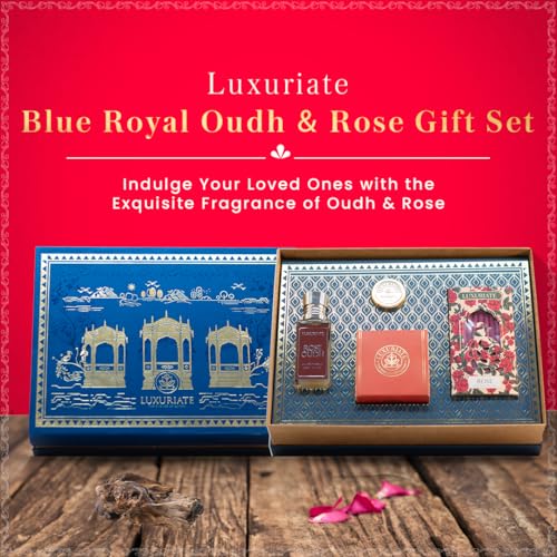 Image of LUXURIATE Fragrance Gift Set Box 4PC - Rose Oudh Perfume, Cinnamon Pillar Candle, Rose Bambooless Incense, Red Wine Lip Balm | Gift for Diwali| Gift for Women | Gift