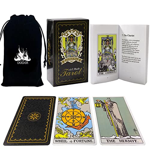 IXIGER Tarot Cards Deck with Guide Book,Tarot Cards Deck,Rider Tarot Deck,Tarot Cards for Beginners,Tarot Cards Set 78 Pcs,Classic Tarot Cards Deck for Expert Readers with Black Velvet Pouch Bag