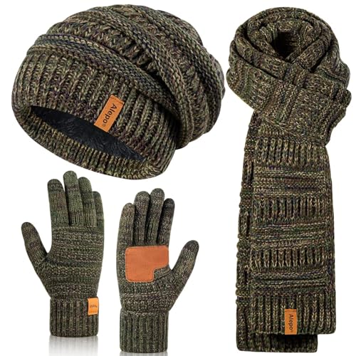 Winter Beanie Hat Scarf Gloves Set for Women, Slouchy Beanie with Fleece Lined Long Knit Scarf Touchscreen Gloves, Warm 3 in 1 Stocking Stuffers Set for Women Mom Her Cold Weather-06