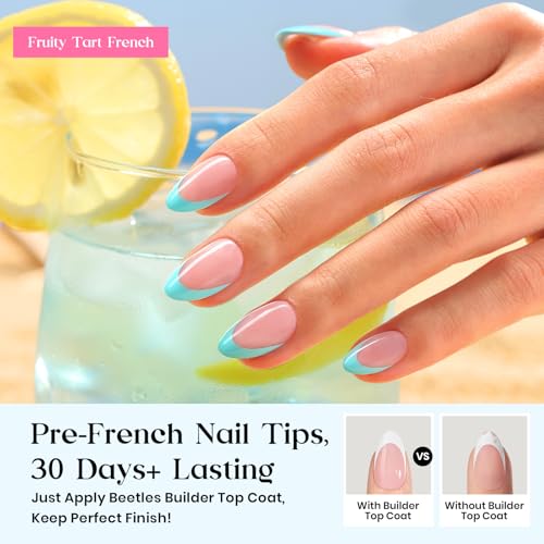 Image of Beetles X Press Summer Nails Kit: Short Almond French Tip Press On Nails Kit With 7 Colors 224Pcs Rainbow Nail Tips Nail Glue & Builder Top Coat Mini UV Light, All-in-One DIY Gift For Women 16 Sizes