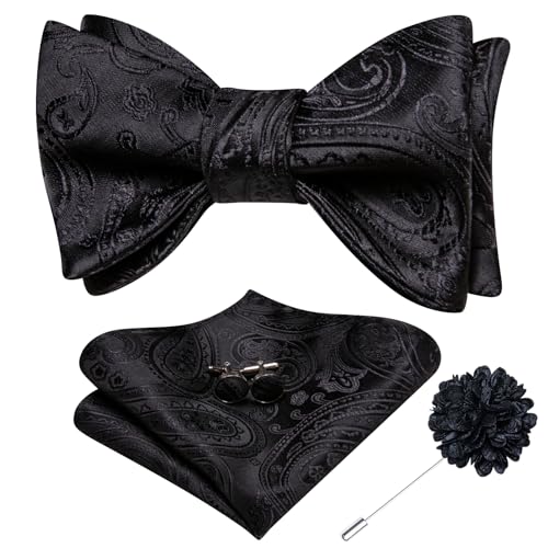Image of Dubulle Self Tie Bow Ties and Lapel Pin for Men Paisley Solid Mens Bowtie and Handkerchief Cufflinks Set Wedding