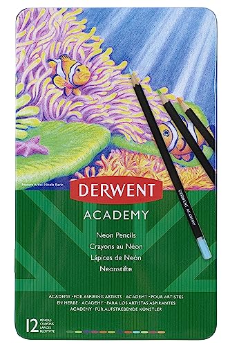 Image of Derwent Academy Neon Colouring Pencils Tin, Ideal for Drawing, Sketching & Crafts, Premium Hobbyist Quality Kit (Set Of 12), Multi