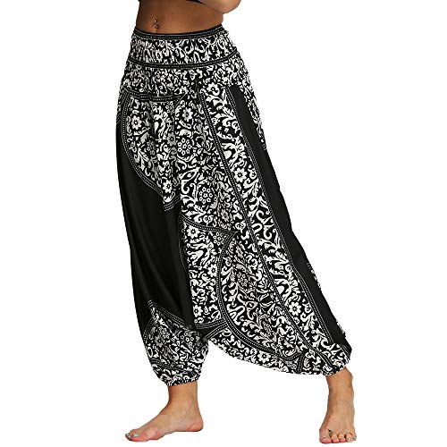 Nuofengkudu Femme Yoga Pantalon Sarouel Thailande Motif Ethnique Haute Taille Elastique Larges Sport Baggy Pants Plage(Noir Modèle C,Taille Unique)