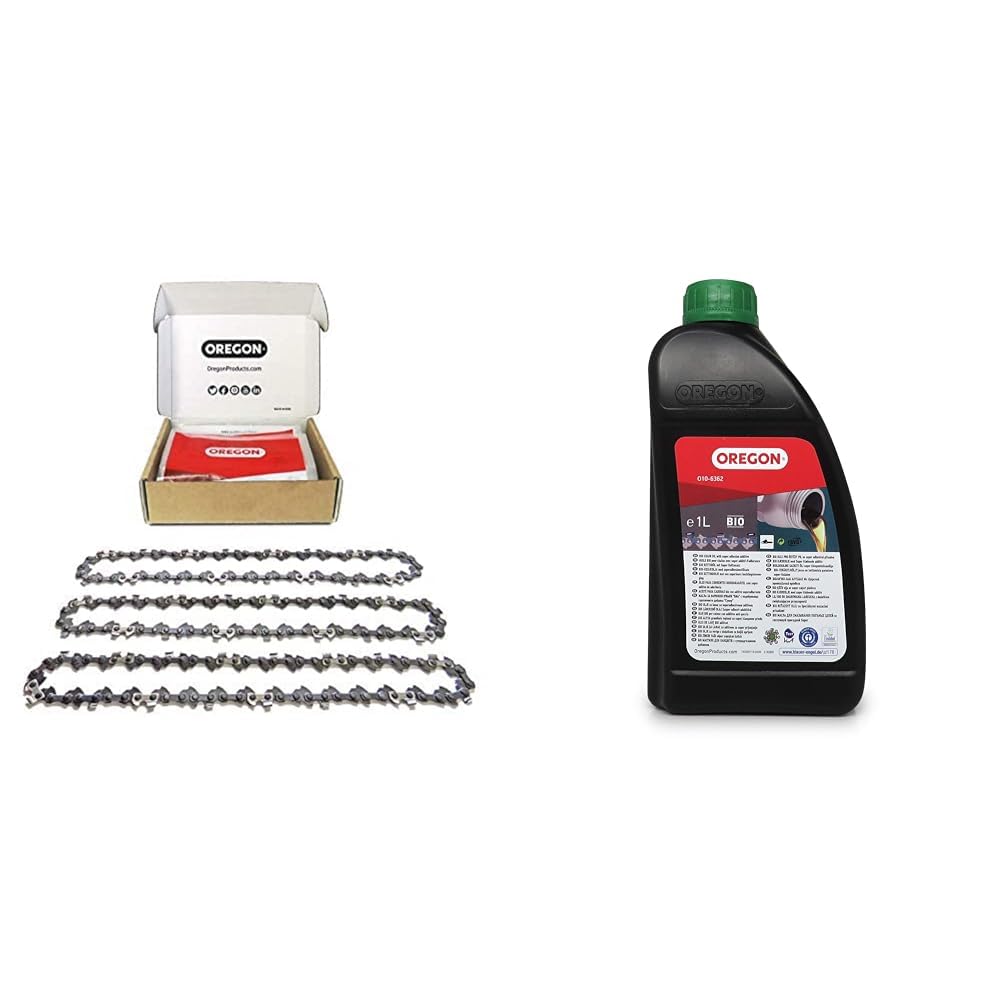 Oregon 3er-Pack Sägekette 3/8" LP für 20 cm Schiene und 1L Bio-Kettenöl - 33 Antriebsglieder, 1.3mm - rückschlagsarme Kette kompatibel mit Bosch, Black & Decker, Ryobi und mehr