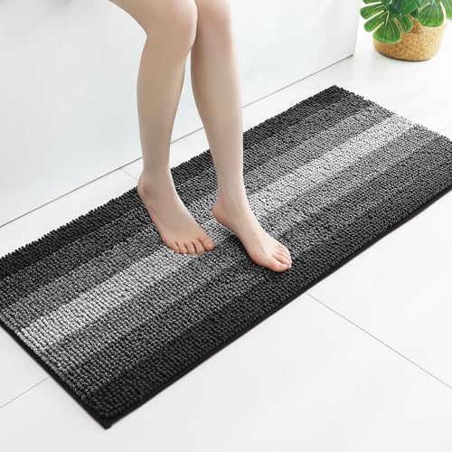 Gibelle Chenille Long Bathroom Rug - Non Slip Shower Bath Mat 20x47 Black