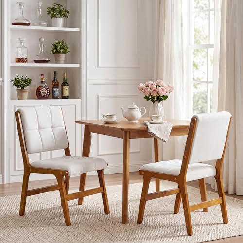 Ckaff Esszimmerstühle 2er Set Küchenstühle aus Holz Stuhl Esszimmer Wohnzimmer Polsterstuhl Armlehnstuhl mit Rückenlehne für Esszimmer Küche Wohnzimmer Beige Leinen