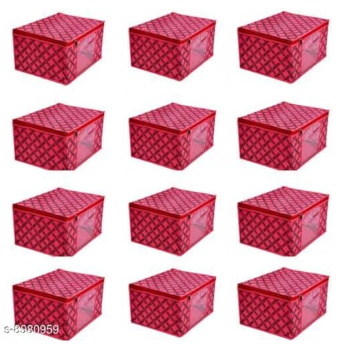 Image of Saree Organizer For Wardrobe - Foldable Saree Covers With Zip, Multipurpose Storage Bag For Suit, Lehanga, Dress Packing With Transparent Window, Pack of 12`