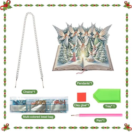 Image of DIY Large Christmas Diamond Art Hanging Kits for Adults, 24.1 x 20.4 cm | Magic Book with Elf and Snowy Forest Design, Crystal Diamond Painting Suncatchers, For Window, Door & Wall Ornaments