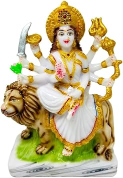 GLOOKS Sherawali Maa Durga Marble Dust Statue White Gold Multicolour 7 Inch Murti