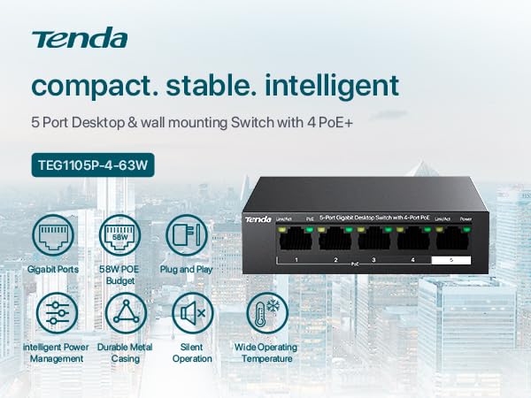 Image of Tenda 5 Port Gigabit PoE Switch, Ethernet Switch with 4 Port PoE+@63W, Plug & Play, VLAN /Extend Mode, Desktop Network Splitter Hub for IP Cameras /VoIP Phones /APs, Fanless Metal, Wall Mount (TEG1105P)