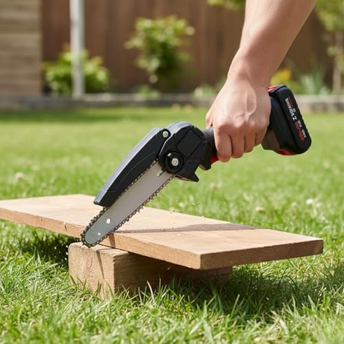 Image of Drumstone Mini Cordless Electric Chainsaw Kit with 2 Rechargeable Batteries - Portable 6-Inch Handheld Power Saw for Wood Cutting and Garden Pruning