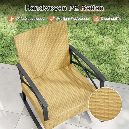 Image of Tangkula 3 Pieces Wicker Outdoor Rocking Chairs Set | Heavy Duty | Cushioned | Rattan Rocker Bistro Set w / 2-Tier Tempered Glass Coffee Table for Garden, Balcony, Backyard