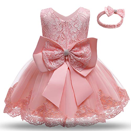 NNJXD Baby Girls Lace Dress Bowknot Flower Dresses Wedding Pageant Baptism Christening Tutu Gown Size (110) 3-4 Years #Light Pink