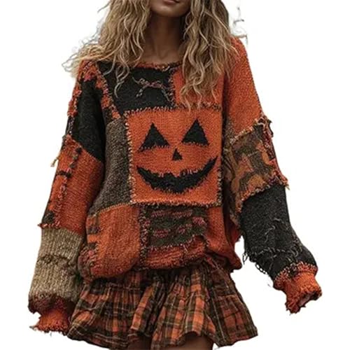 Women Halloween Spooky Face Patchwork Print Hoodie Pumpkin Face Knit Sweater, Novelty Sweatshirt (Yellow2,XX-Large)