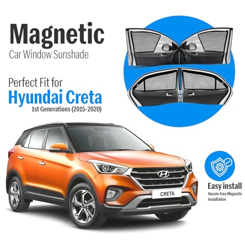 Image of Autofact Magnetic Car Sunshades Compatible with Hyundai Creta Old (2015 to 2020) (Set of 4) - Easy Installation, UV Protection (Front 2 Half-Cut for Side Mirror Visibility, Rear 2 with Zippers)