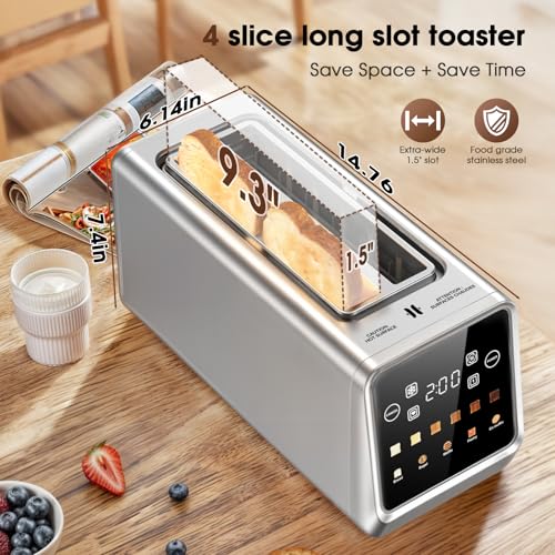 Image of Toaster 4 Slice Long Slot with Digital Touchscreen & 1-Touch Memory for Family | Stainless Steel for Bagels & Artisan Bread | Defrost Reheat & Single-Slice Modes