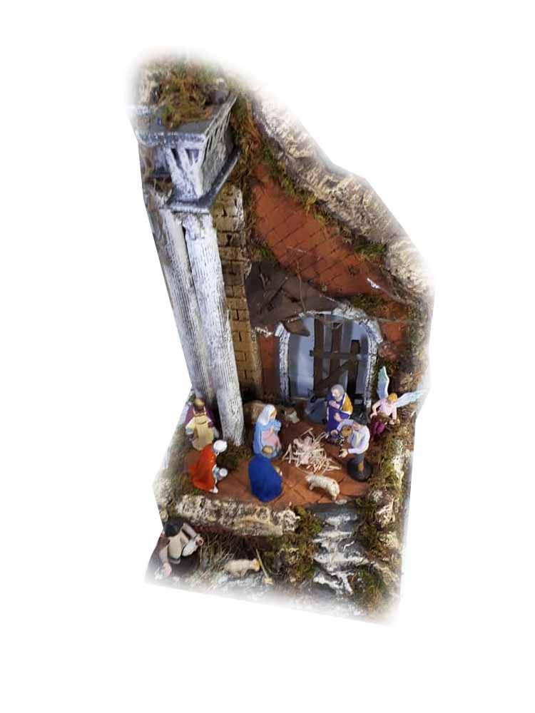 Presepe completo sughero e legno napoletano tempio con 10 pastori 10 cm crib 30x25 cm alto 50cm conj pastori terracotta statuine presepe ricevi un portachiavi S.G. ARMENO ARTIGIANALI nic 40