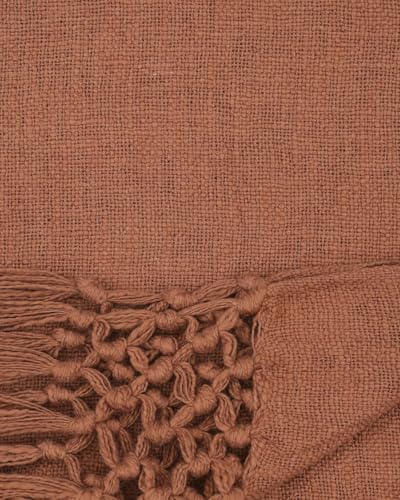 Image of HAKAM Cotton Throw Blanket with Macrame Tassels for 3 Seater Sofa | Ideal for Your Home, Living Room, Sofa, Bed, Chair, Picnic & Used for Gift - 50X70 inch (Rust, Single)
