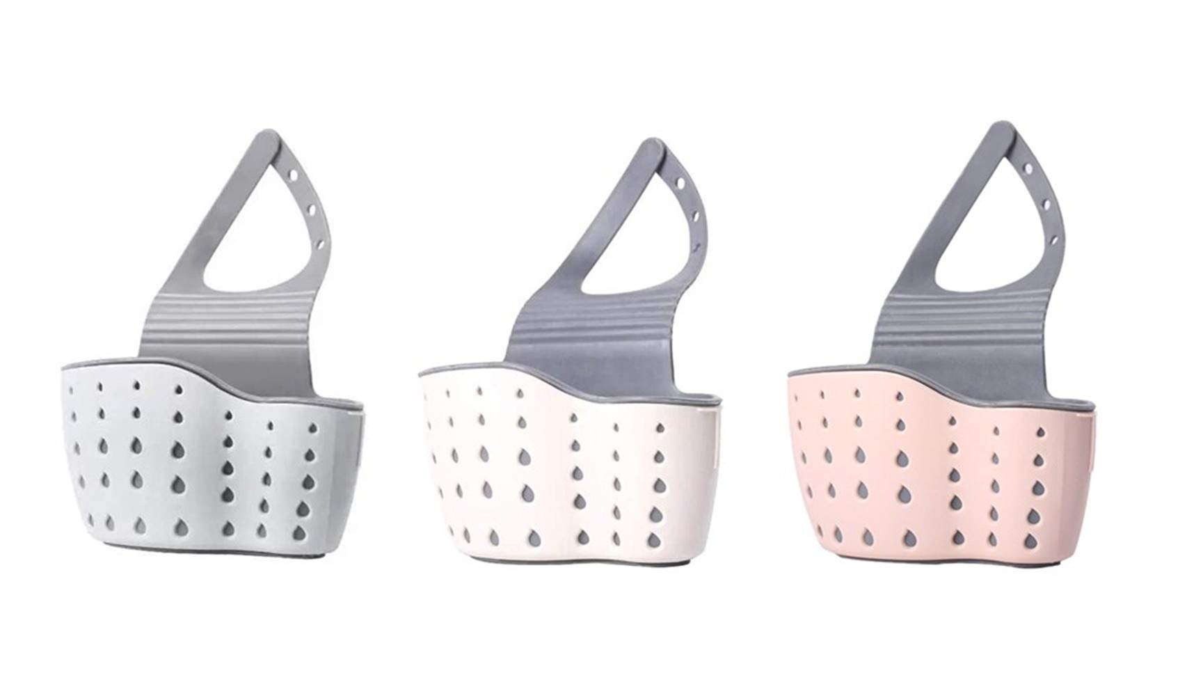 Ulalaza 3Pcs Sink Sponge Holder Kitchen Sink Caddy with Adjustable Strap Hanging Soap Holder Plastic Storage Baskets