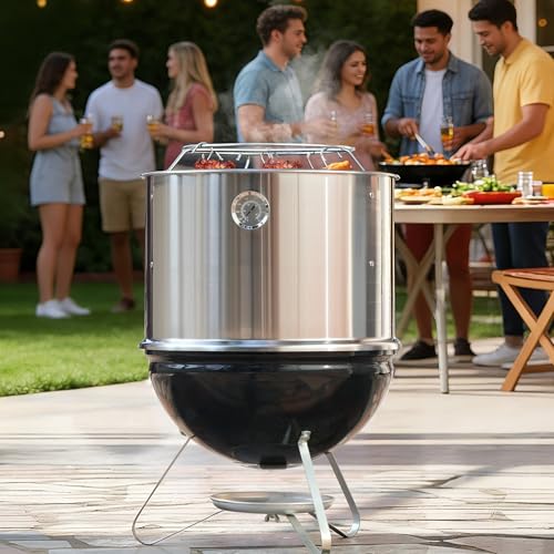 Onlyfire Edelstahl Räucherkammer Mittelkochsystem für Weber Smokey Joe 37cm Holzkohlegrill, Enthält Ring und Speckaufhänger Set, Verwandeln Sie Ihren Kugelgrill in Einen Räucheraufsatz