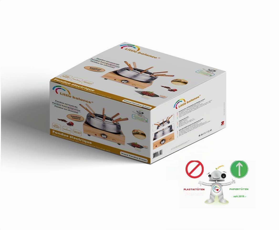 Little Balance 8320 Wood Fondue 8 Edelstahl – Fondue-Gerät für 8 Personen – Fondue-Topf aus Edelstahl mit Antihaftbeschichtung, großes Fassungsvermögen 2 l – Leistung 800 W – Finish aus echtem Bambus