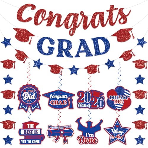 Red and Blue Graduation Decorations Banner Garland Swirls NO-DIY Glitter Graduation Party Decorations Congrats Grad Banner Garland Class of 2026 Blue and Red for Grad Party