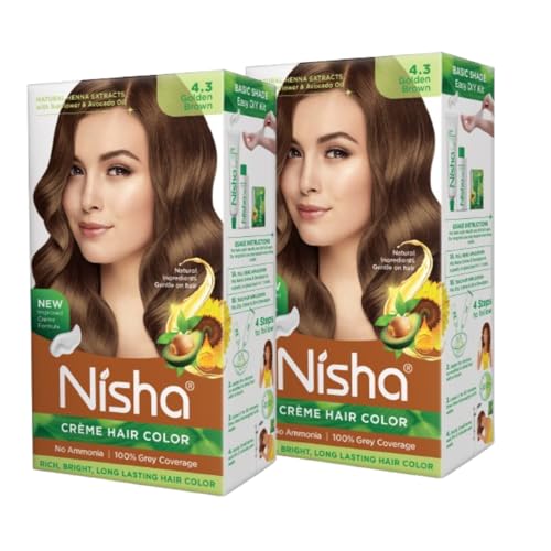 Image of Nisha Creme Hair Color, Permanent Hair Colour Golden Brown, Silky & Shiny 100% Grey Coverage & Ammonia Free Color With Natural Henna Extract, 60G+60Ml