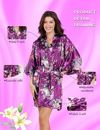 Image of EPLAZA Womens Floral Satin Robe Bride Bridesmaid Robes Wedding Kimono