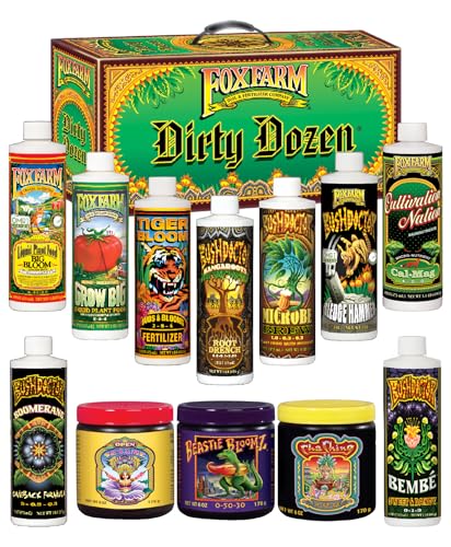 FoxFarm Dirty Dozen Liquids & Solubles Starter Pack - 3 Solubles (Open Sesame, Beastie Bloomz, Cha Ching) & 9 Pint Liquids (Big Bloom, Tiger Bloom, Grow Big & More) for Gardening Success