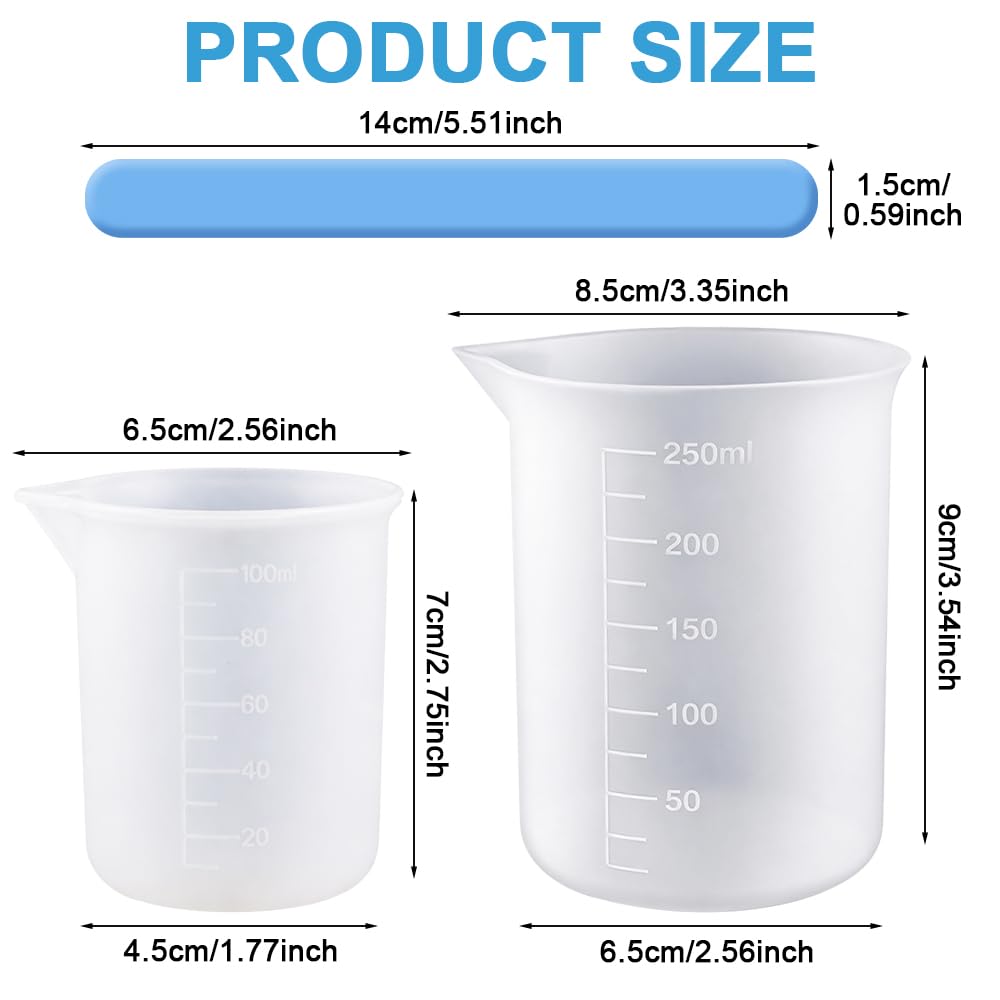 8 sztuk silikonowych kubków z miarką 250 ml/100 ml z żywicy epoksydowej, kubek do mieszania z 2 mieszadłami, do odlewania żywicy epoksydowej, rękodzieła, laboratorium, woskowania, kuchni, 8 sztuk