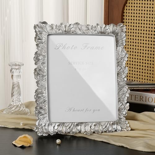 8x10 Picture Frame Silver, Vintage Silver Palm Leaves Textured Hand-Crafted Resin with Glass Front, Elegant Retro Design Photo Frame for Wall and Tabletop Display Home Decor