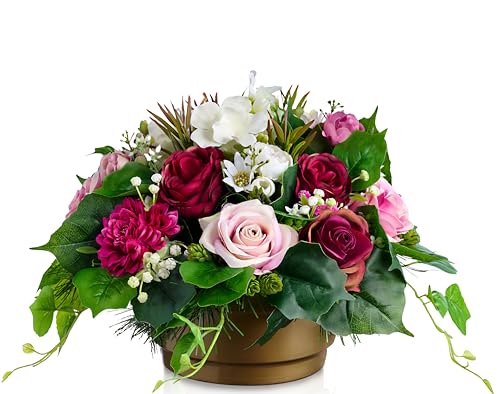 Generisch Grabgesteck künstlich wetterfest 30 cm Grabgestecke mit Rosen im Topf beschwert Grabschmuck für Friedhof & Urnengrab EU Handmade Grabdeko