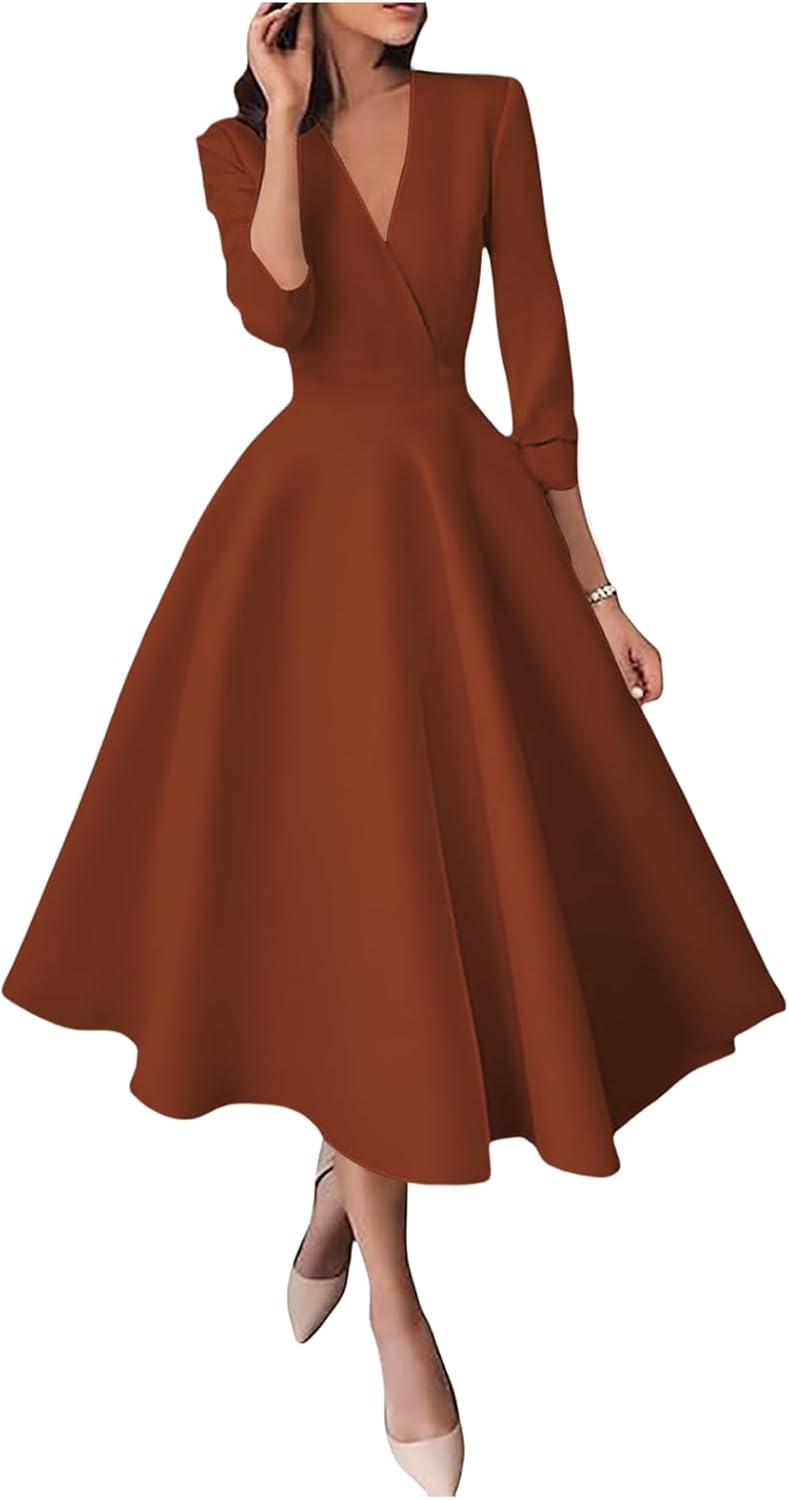 Satin V Neck Mother of The Bride Dresses for Wedding 3/4 Sleeves A Line Wedding Guest Dresses for Women with Pleates