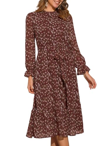 Image of Allegra K Fall Casual Floral Dress for Women 2025 Long Sleeve Crew Neck Chiffon Midi Tea Party Ruffle Dresses