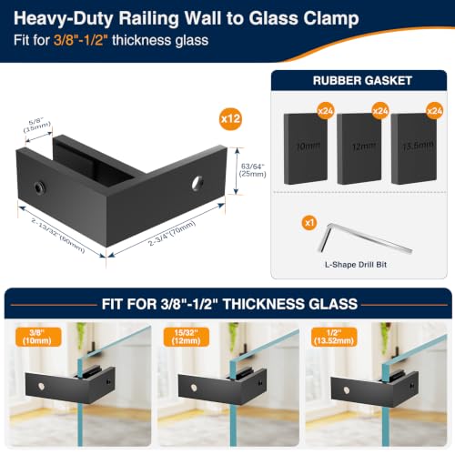 Image of 12 Pack Matte Black Wall to Glass Clamp 90 Degrees Glass Railing Clamp Fit for 3 /8 inch-1 /2 inch(10mm-13mm) Thinkness Balustrade, F Shape T304 Railing Clips for Fence, Balcony Deck, Indoor & Outdoor